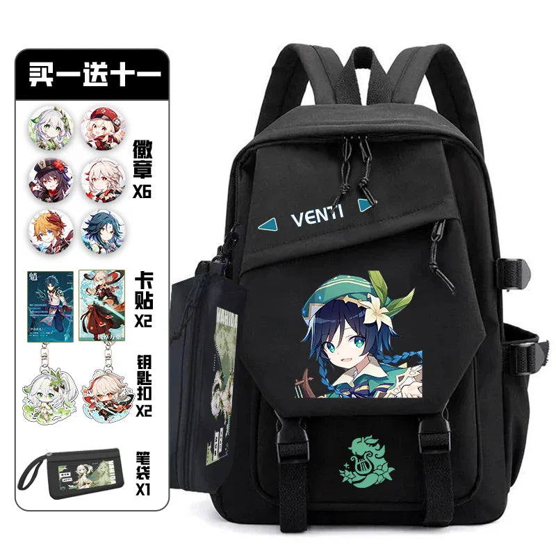 Genshin Impact with Pain Pack Badge Set Backpack Pencil Box Anime Waterproof Teenager Schoolbag Student Girl Boy Book Travel Bag