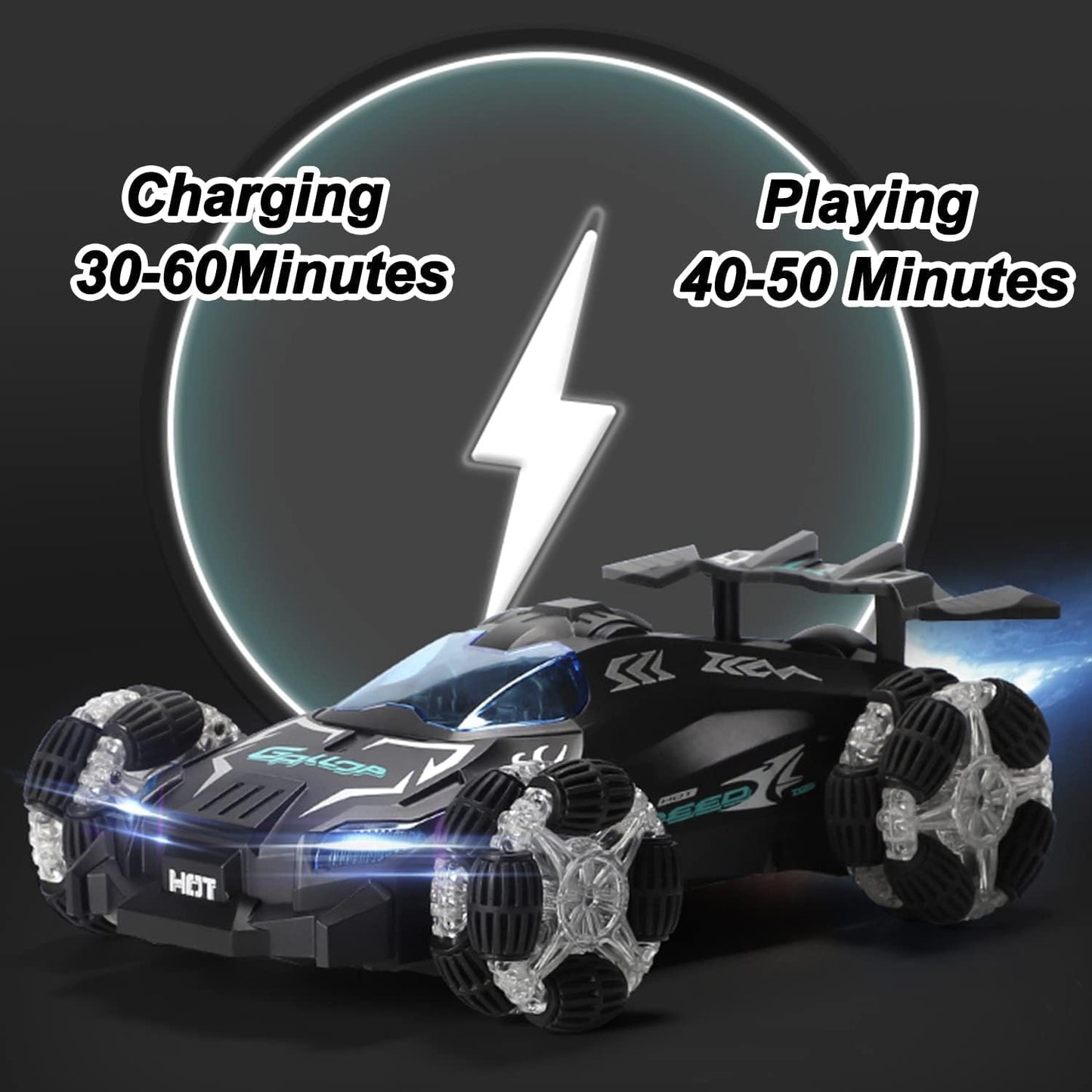 RC Car Stunt Toy, 2.4GHz Remote Control Car, Gesture Sensor Kids Car with Lights, Music, and Spray Launcher.