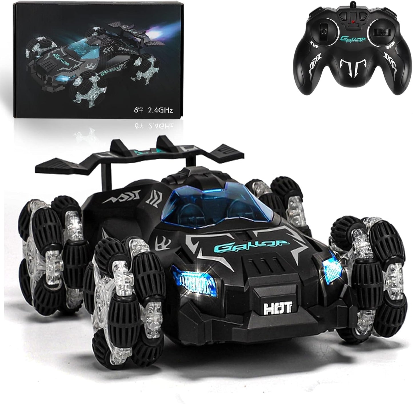 RC Car Stunt Toy, 2.4GHz Remote Control Car, Gesture Sensor Kids Car with Lights, Music, and Spray Launcher.