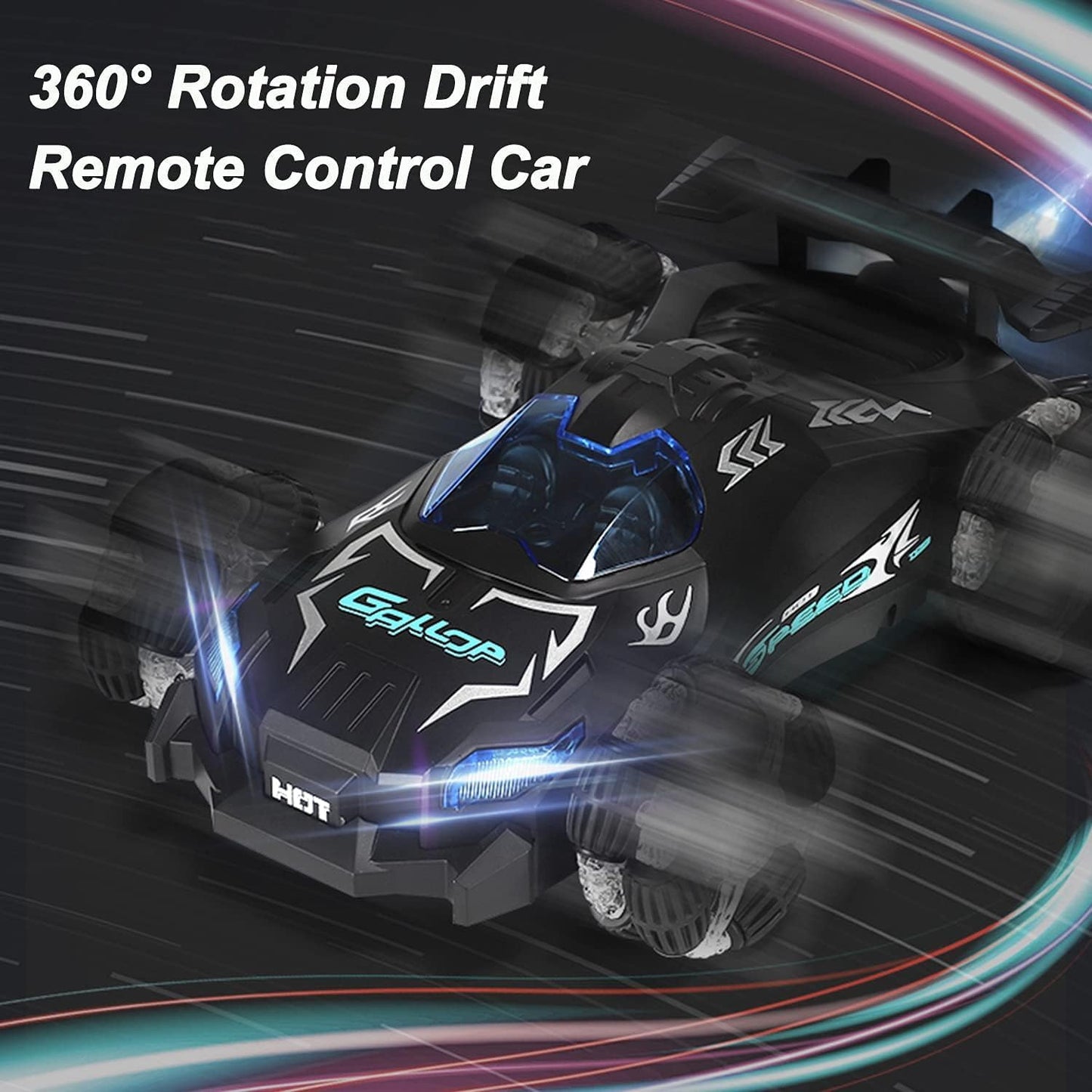 RC Car Stunt Toy, 2.4GHz Remote Control Car, Gesture Sensor Kids Car with Lights, Music, and Spray Launcher.