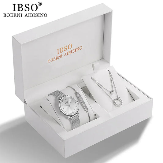 IBSO Women Quartz Watch Set Crystal Design Bracelet Necklace Watch Sets Female Jewelry Fashion Silver Luxury Watch Lady's Gift