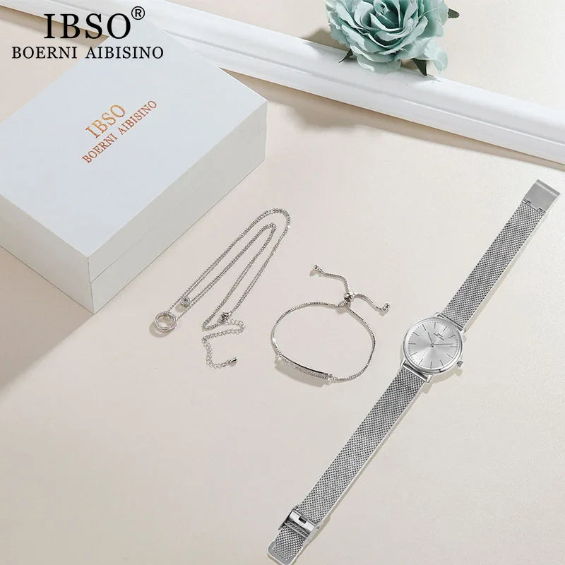 IBSO Women Quartz Watch Set Crystal Design Bracelet Necklace Watch Sets Female Jewelry Fashion Silver Luxury Watch Lady's Gift