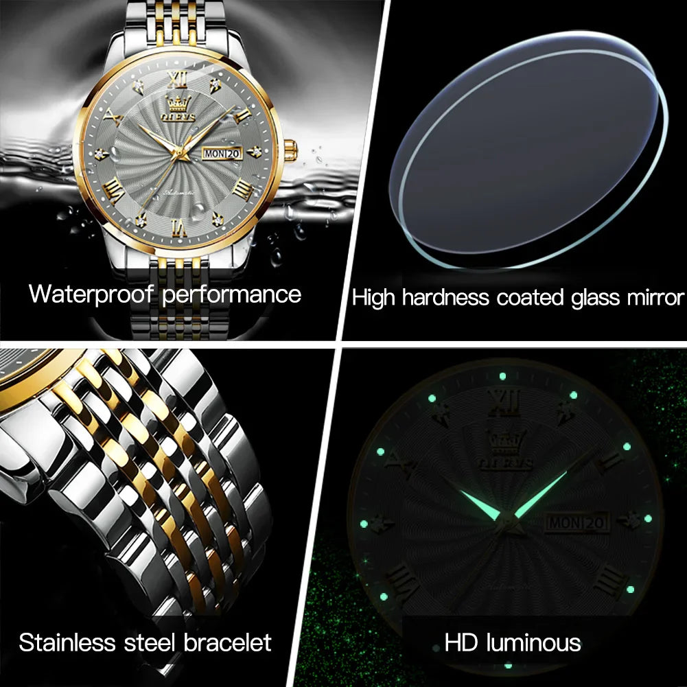 OLEVS Couple Watches Automatic Mechanical Luxury Stainless Steel Waterproof Cyclone Dial Lovers Watch Gift Set relogio masculino