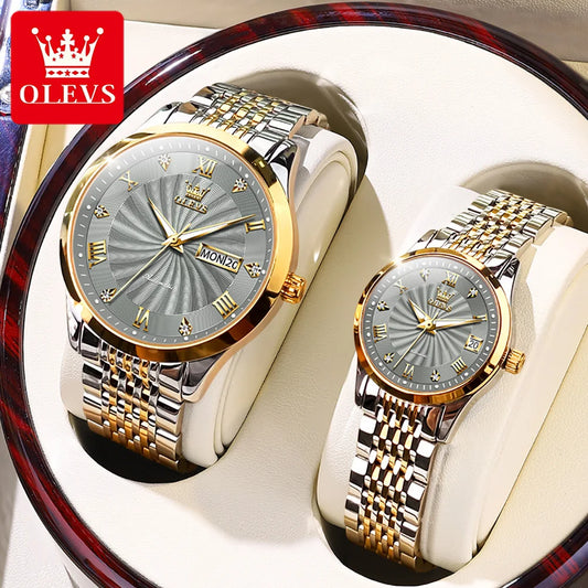 OLEVS Couple Watches Automatic Mechanical Luxury Stainless Steel Waterproof Cyclone Dial Lovers Watch Gift Set relogio masculino