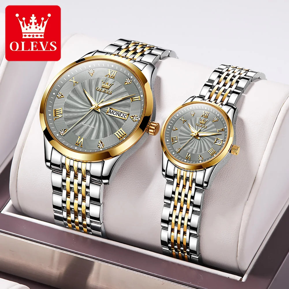 OLEVS Couple Watches Automatic Mechanical Luxury Stainless Steel Waterproof Cyclone Dial Lovers Watch Gift Set relogio masculino